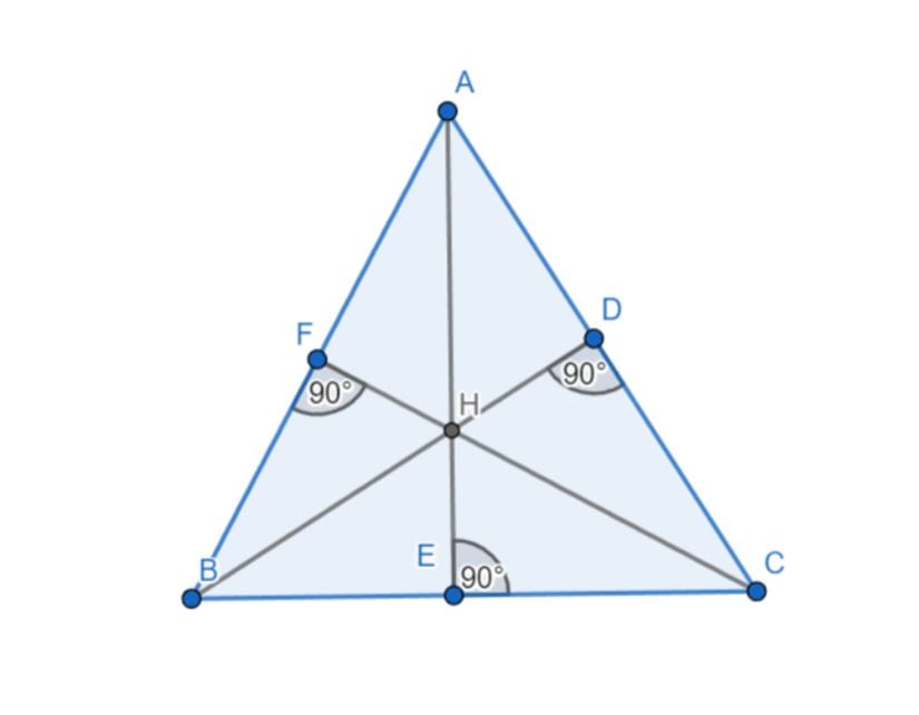 Bu ABC dar açılı üçgeninde A köşesinin yüksekliği |AE|, B köşesinin yüksekliği |BD| ve C köşesinin yüksekliği |CF|'dir. Bunlar H noktasında kesişir.