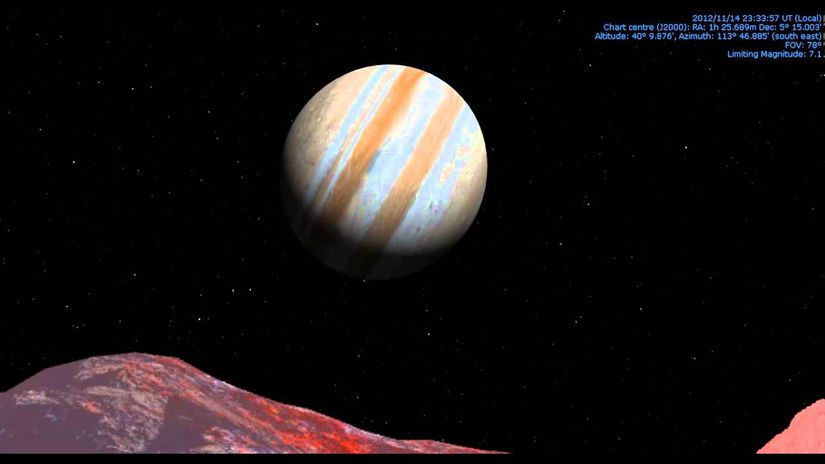 Kimi zaman başka gezegenlerin uydularından gezegenler nasıl gözükürdü diye merak ediyor olabilirsiniz. Sonuçta bizim tek bildiğimiz, Ay'dan Dünya'nın nasıl gözüktüğü. Fakat Dünya ile Ay boyutça o kadar da farklı gök cisimleri değil; en azından Jüpiter ve Io arasındaki farkı düşünecek olursanız. Bu iki gök cismi arasında 422.000 kilometre civarında bir mesafe vardır; yani Ay ile Dünya arasında olandan birazcık fazla... Ancak Dünya'nın çapı Ay'ınkinden sadece 3.6 kat fazlayken, Jüpiter'in çapı Io'dan 38.4 kat fazladır! Bu nedenle Jüpiter, Io'nun gökyüzünün önemli bir bölümünü kaplamaktadır!