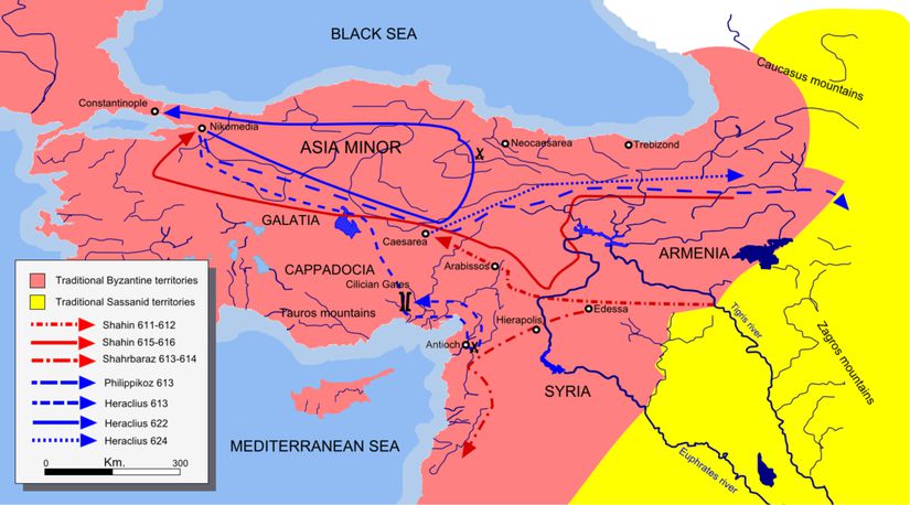 Bizans ve Sasani ordularının savaş boyunca izledikleri güzergahlar ve savaşlar