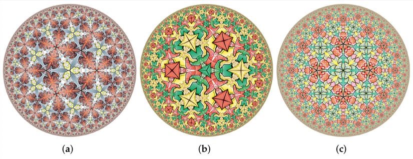 Penrose'un teorisini desteklemekte kullandığı, sınırlara doğru yaklaştıkça sonsuz kere kendini tekrarlayan Escher-benzeri çizimler.