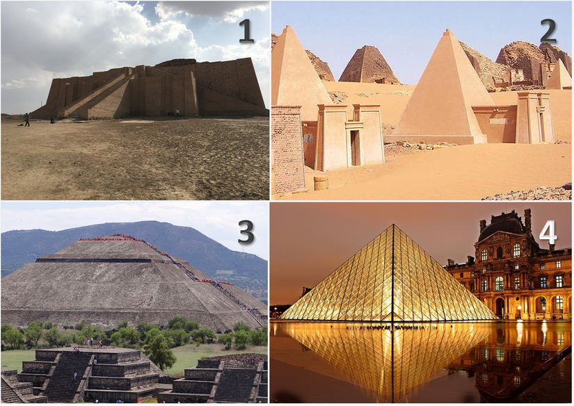 Görsel 1: (1) Ur Ziggurat’ın önden görünüşü. (2) Nubian piramitleri. (3) Güneş Piramidi. (4) Paris’teki Louvre Piramidi