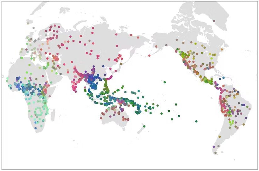 Grambank veri setinde yer alan dillerin yer aldığı Dünya haritası. Renkler gramerin benzerliğini yansıtıyor. Yani renkler birbirine ne kadar yakınsa, diller de o kadar yakın.