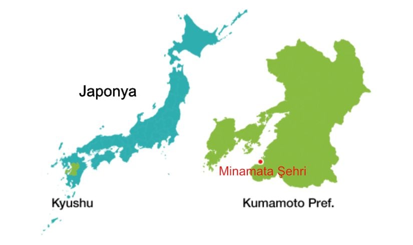 Minamata şehrinin Japonya'daki coğrafi konumu.