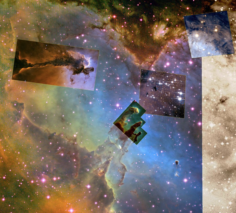 Yaratılış Sütunları dahil belirli kısımları vurgulanmış bir Kartal Nebulası görüntüsü.