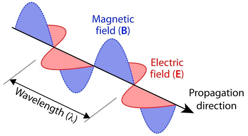 Birbirine dik olan elektrik ve manyetik alan bileşenleri ile bir elektromanyetik dalganın gösterimi.