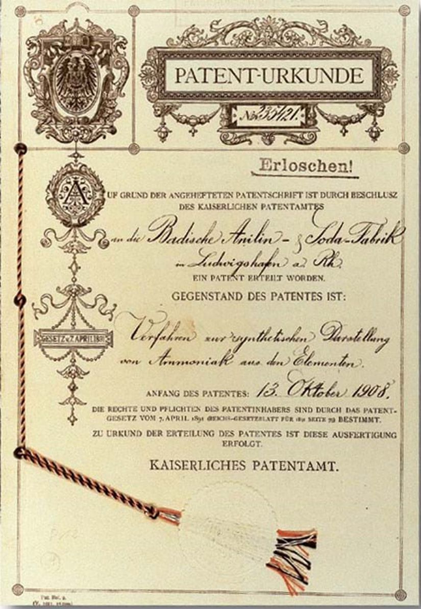 Haber'in prosesine ait 1908 tarihli bir patent (BASF'nin izinleriyle).