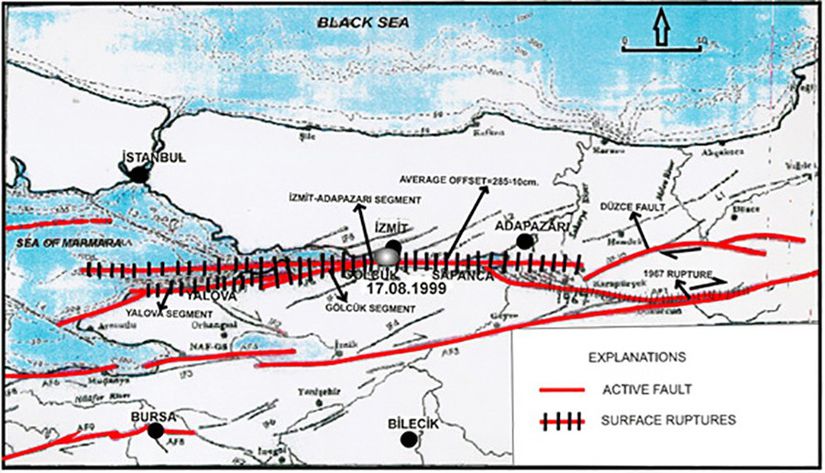 17 Ağustos 1999 depremine neden olan, Kuzey Anadolu Fay Hattı segmanları (ya da segmentleri)... Yalova segmanı en solda, İzmit-Adapazarı segmanı ortada, Düzce fayı da sağda. Bu segmanlar boyunca meydana gelen sürtünme, sonunda büyük bir kırılmaya neden olmuştur ve 17 Ağustos gecesi patlamıştır. Tırtıklı gösterilen bölgeler, yüzey kırınımların göstermektedir. Bunlar, deprem sırasında kırılan bölgelerdir. Düz kırmızılar ise aktif fay hatlarıdır. İşte depremler, fay hattının bir kısmını oluşturan bir segmentte başlar ve segment segment zıplayarak fay hattı boyunca devam eder.
