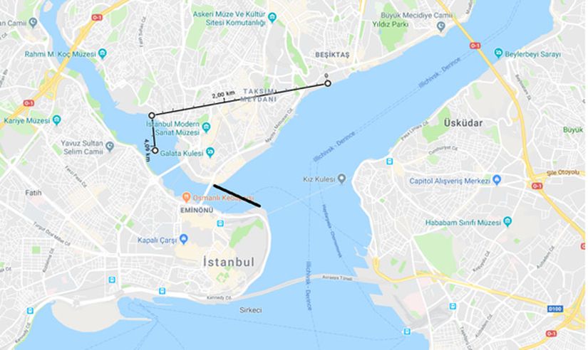 Haliç'e vurulan zincirler kalın çizgiyle, Dolmabahçe'den Haliç'e yürütüldüğü düşünülen gemi hattı ince çizgiyle gösterilmiştir.