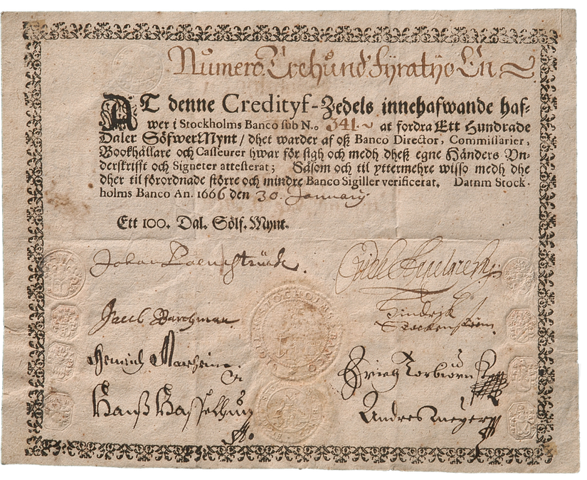 Stockholms Banco tarafından basılan Avrupa’nın ilk banknotu.