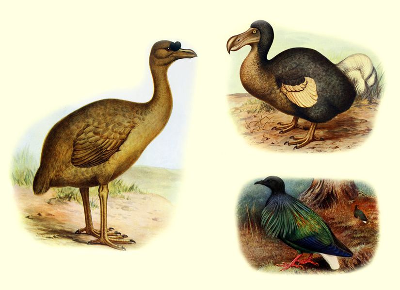 Sırasıyla, sol: Rodrigez dodosu (Rodrigues solitaire) sağ üst: Dodo (Raphus cucullatus), sağ alt: Nikobar güvercini (Caloenas nicobarica)