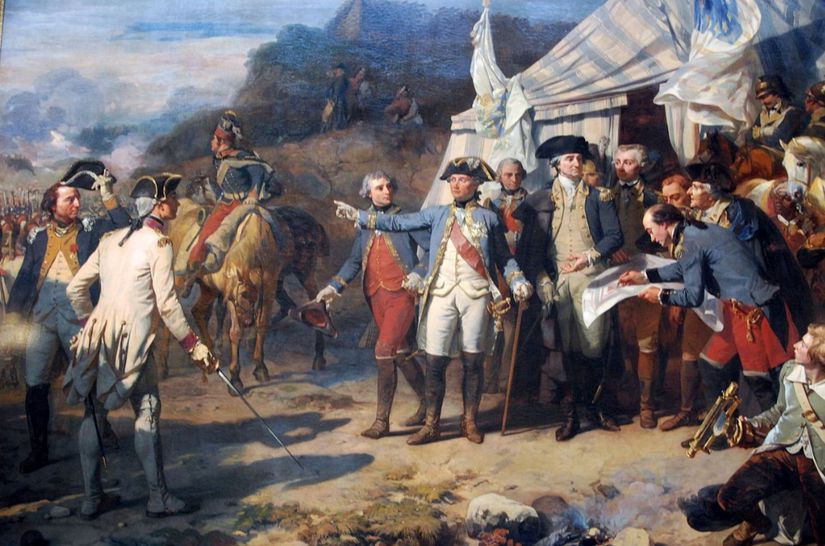 Yorktown Kuşatması, Washington ve Rochambeau saldırıdan önce emirler veriyor. Resim  Henry LeGrand’a atfedilmiştir.