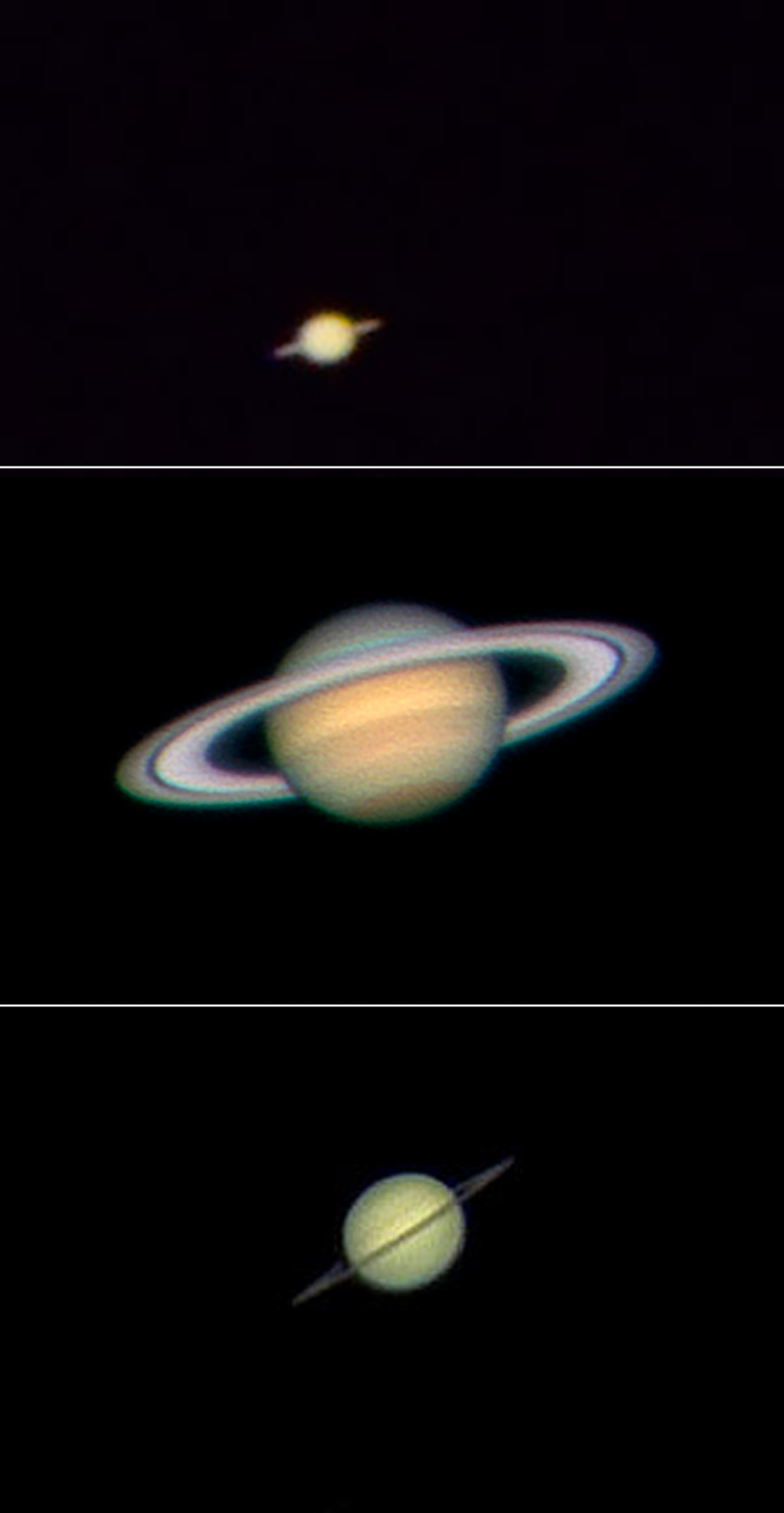 130 milimetrelik apertüre sahip Celestron NexStar 130SLT Bilgisayarlı Teleskop ile Satürn (en üstte). 14 inçlik (355 milimetrelik) apertüre sahip bir teleskop ile Satürn (ortada). 8 inç (200 milimetrelik) apertüre sahip bir teleskop ile Satürn (altta).
