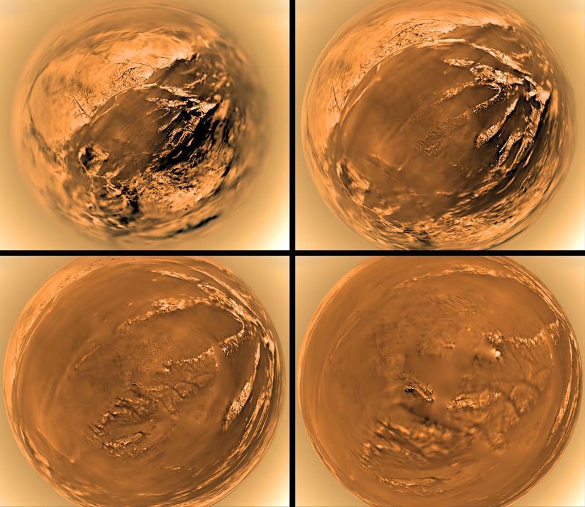 Fotoğraflar NASA'nın Cassini-Huygens Görevi sırasında çekilmiştir. Fotoğrafta, sağ üstteki karede Titan'ın Huygens İniş Alanı üzerindeki havadan görüntüsü görülmektedir. Sol üstte, aynı noktanın yerden 10 kilometre yüksekten görüntüsü görülmektedir. Alt tarafta ise Satürn'ün en büyük uydusu olan Titan'ın (büyüklüğü Dünya'nın kabaca yarısı veya aşağı yukarı Mars kadardır) yüzeyi görülmektedir.