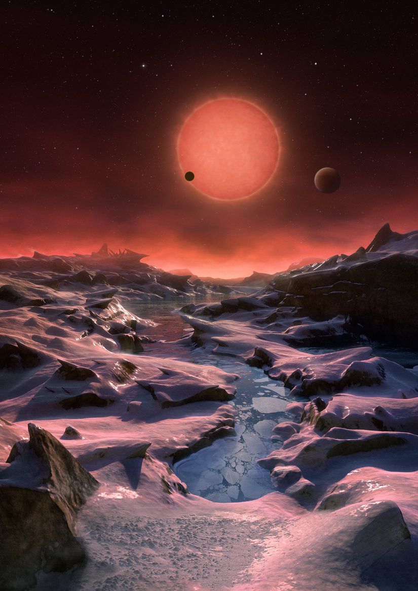 Bu izlenim, ESO'nun La Silla Gözlemevi'ndeki TRAPPIST teleskopu kullanılarak keşfedilen, Dünya'dan sadece 40 ışık yılı uzaklıkta bulunan ultra soğuk bir cüce yıldızın etrafında dönen üç gezegenden birinin yüzeyinden hayali bir görüntüyü gösteriyor.