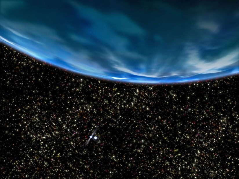 Gezegenin sanatsal çizimi. Antik gezegenin dikkate değer bir tarihi var çünkü pek olası olmayan, engebeli bir yerde bulunuyor. 100.000'den fazla yıldızdan oluşan bir kümenin kalabalık çekirdeğinde tuhaf bir çift yanık yıldız yörüngesinde dönüyor.