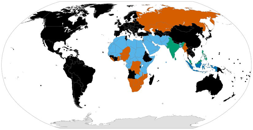 Birden fazla erkek veya birden fazla kadınla evlenmenin her ikisini de kapsayacak biçimde; çokeşliliğin (poligami) yasal olduğu yerler (mavi renk), yasal olmadığı yerler (siyah renk), yasal değil ama suç sayılmayan yerler (kahverengi) sadece belirli gruplar için yasal olan yerler (yeşil renk).
