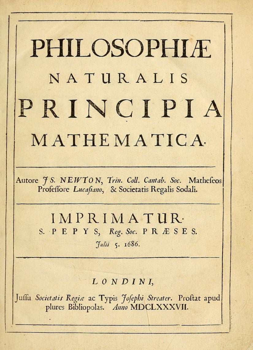 Isaac Newton'un 5 Temmuz 1687  tarihinde yayımladığı &quot;Philosophiæ Naturalis Principia Mathematica&quot; (Tür: &quot;Doğal Felsefenin Matematiksel İlkeleri&quot;) kitabının birinci baskısının kapak sayfası.
