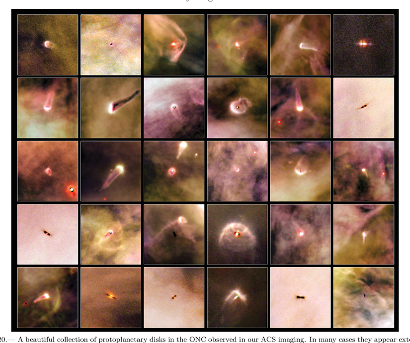 Fotoğrafta Hubble Teleskobu tarafından çekilen ve Orion Nebulası içerisinde yer alan 30 farklı
