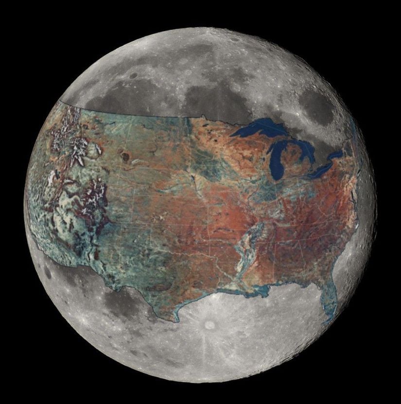 Görsel ABD'nin 1'e 1 ölçekte Ay üzerine haritalandığı bir fotoğrafı gösteriyor.