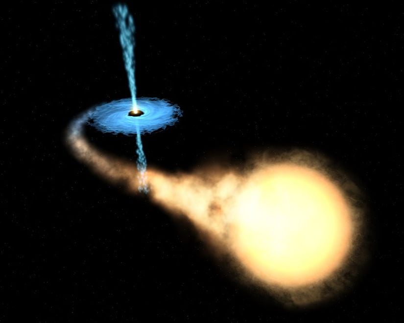 Yanındaki yıldızdan madde çekerek "toplanma diski (İng. accretion disk)" oluşturan temsili bir karadelik. Toplanma diski karadeliğin etrafında dönen gazların oluşturduğu bir kuşaktır.