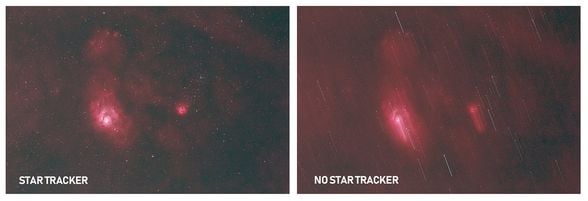 Sırasıyla yıldız izleyici kullanılarak ve kullanılmadan çekilen fotoğraflar. Görülebileceği üzere yıldız izleyici kullanılmadan yapılan çekimde yıldız izleri oluşmuş iken diğer fotoğrafta herhangi bir sorun yoktur.
