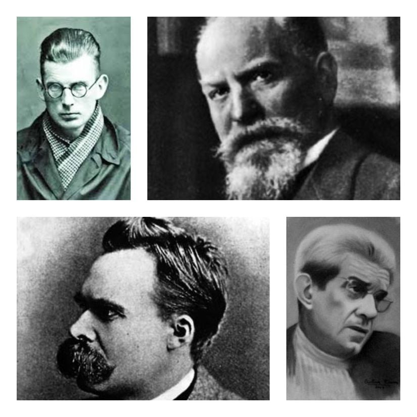 Sol üstten başlayarak saat yönüne doğru: Max Stirner, Edmund Husserl, Jacques Lacan ve  Friedrich Nietzsche