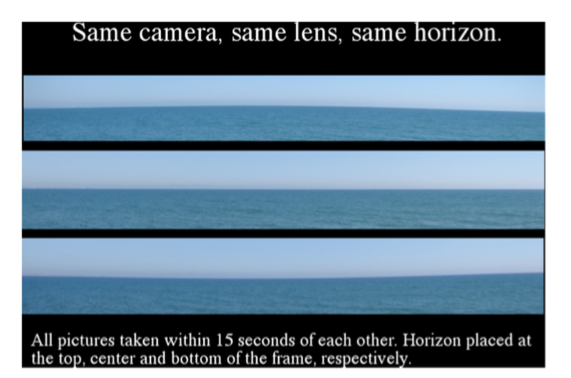 Görsel 3. Görünen ufuk küreselliği. Ufuk, karenin üst kısmına (üst), merkezine (orta) ve alt kısmına (alt) yerleştirilmiştir. Görünen küreselliğin nedeni fıçı sapmasıdır. Bu üç görüntü, fıçı sapması etkisinin daha iyi görülebilmesi için, Görsel 4’te yatay olarak sıkıştırılmıştır. (Ç.N. Fotoğraf, aynı fotoğraf makinesi ve aynı lens kullanılarak aynı ufuktan çekilmiştir. Tüm fotoğraflar 15 saniye aralıklarla çekilmiştir. Ufuk, sırasıyla karenin üst, orta ve alt kısmına yerleştirilmiştir.)