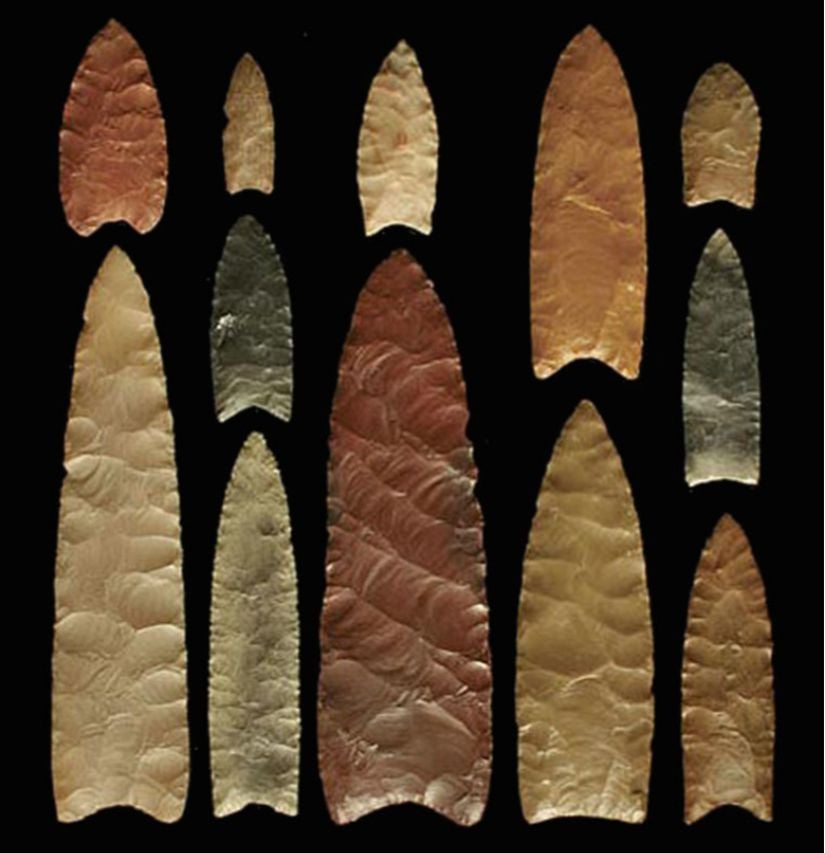 Kuzey Amerika'nın çeşitli yerlerinden gelen Clovis kültürü mızrak ucu örnekleri.