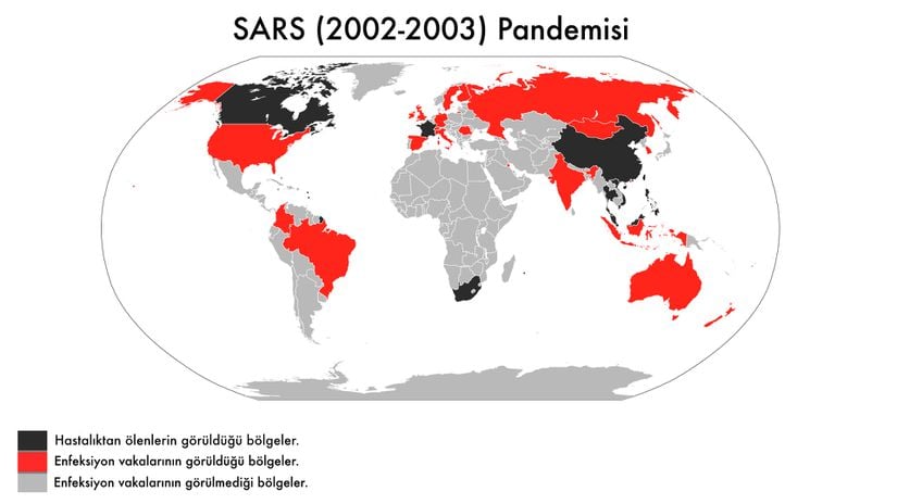 SARS pandemisinin epidemiyolojik dağılım haritası.
