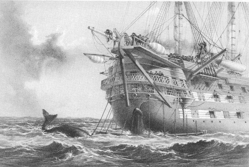 Transatlantik telgraf ağı. Bir balina geçerken HMS Agamemnon telgraf kablolarını yerleştiriyor.  J. Dudley'nin çizimi 1865
