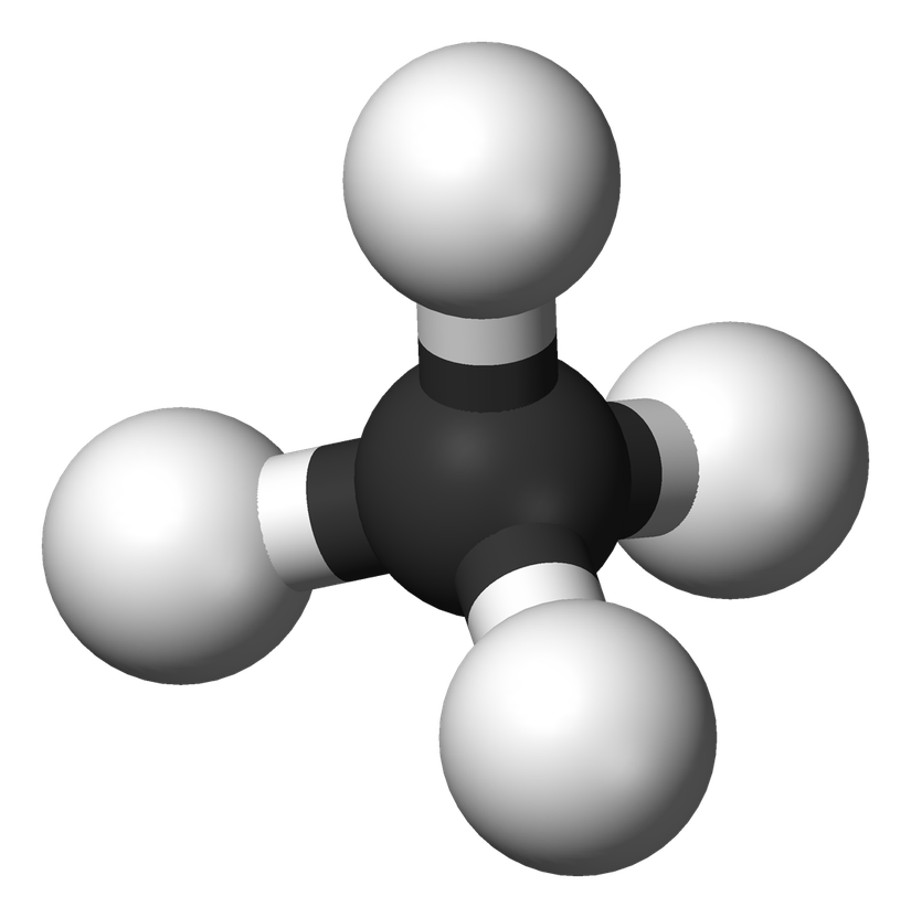 Bir metan molekülünün şematik gösterimi. Merkezdeki siyah atom karbonu, çevresinde bulunan beyaz atomlar hidrojeni temsil etmektedir.