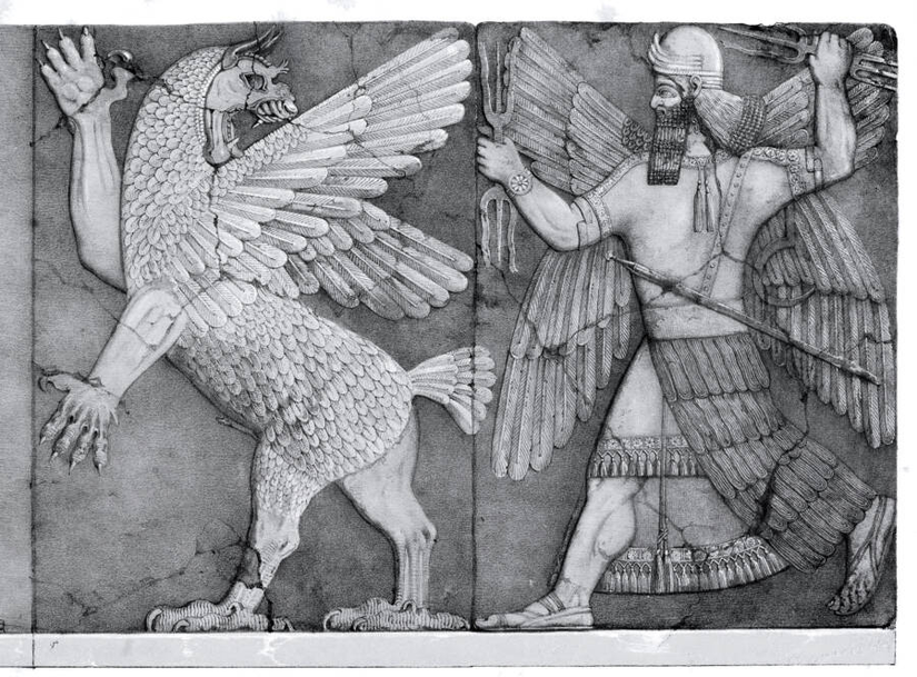 Tiamat'ı (solda) konu alan Babil efsanesi en erken M.Ö. ikinci milenyum olarak tarihlendirilmektedir.