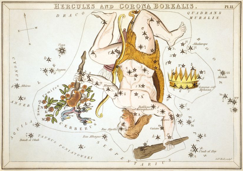 Sidney Hall tarafından 1825 yılında yapılan &quot;Hercules and Corona Borealis&quot; tablosu.(Corona Borealis görselin sağ tarafında, taç şekli ile gösterilmiştir.)