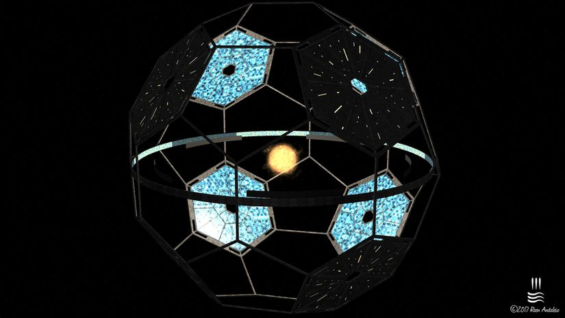 Raen Andaleio adlı bir tasarımcının Karbon-60 molekülünün yapısından (Buckyball) esinlenerek çizdiği bir Dyson mega yapısı. Merkezdeki yıldıza olan uzaklıklar konu ile ilgili teorik hesaplamalardan bağımsız çizilmiştir.