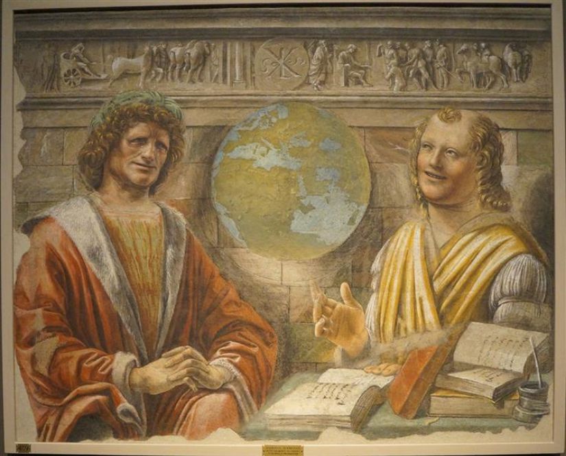 Donato Bramante'nin 1477 tarihli, &quot;Ağlayan Herakleitos ve Gülen Demokritos&quot; şeklinde adlandırılan tablosu.