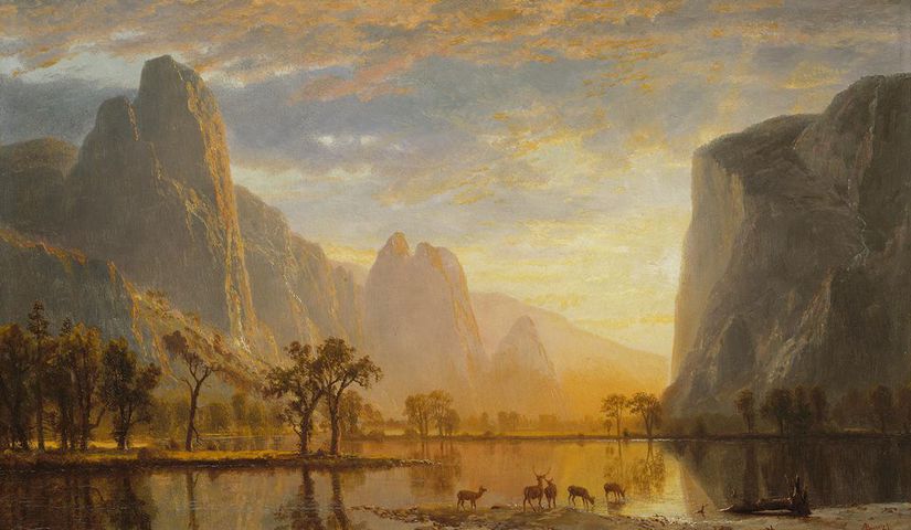 Yosemite Vadisi, Albert Bierstadt, 1864. Humboldt, Amerika'nın kültürel emellerinin amblemleri olarak önemli özellikleri sunarak manzara resmi türünü yücelten bir nesil sanatçıya ilham vermişti. (Güzel Sanatlar Müzesi, Boston)