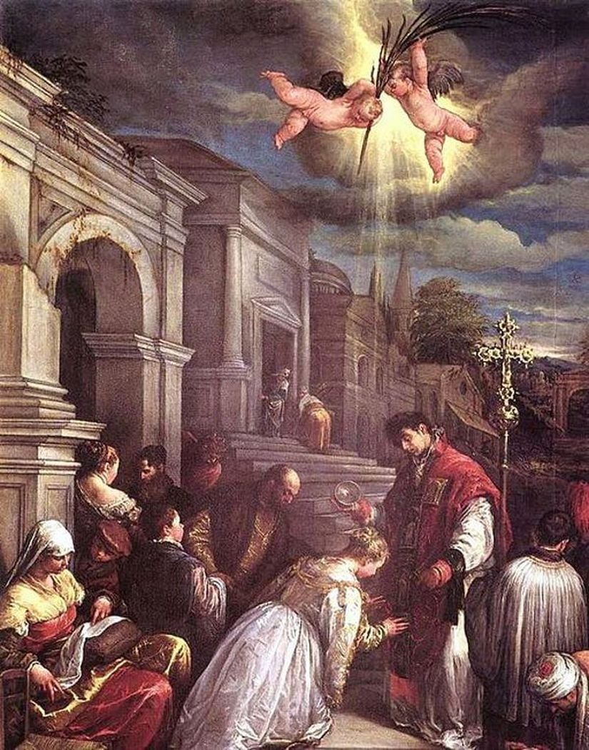 Aziz Valentine, Aziz Lucilla'yı vaftiz ediyor.