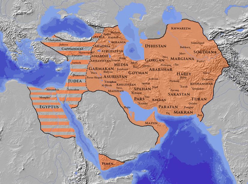 Sasani İmparatorluğu'nun, 622 yılında, Herakleios'un seferi başlayana kadar ele geçirdikleri topraklar.