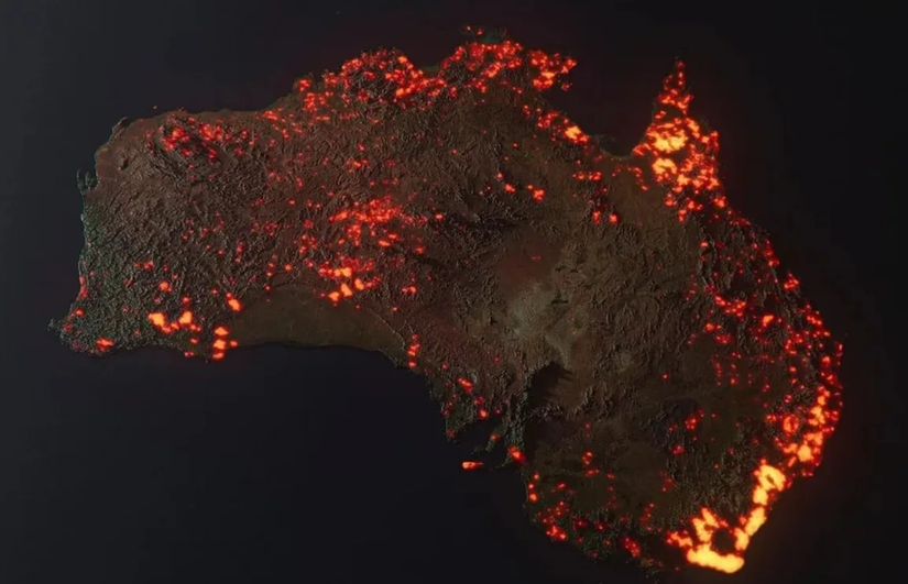 2019-2020 yangın sezonunda Avustralya'nın yangından etkilenen tüm bölgelerini gösteren bir NASA çalışması. Bu karedeki her yer, aynı anda yanmadı; farklı zamanlarda yanan yangınlar, bir arada gösteriliyor.
