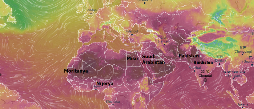 Sıcaklığın yüksek olduğu düzlemdeki bazı ülkeler, Kırmızı: Yüksek sıcaklık