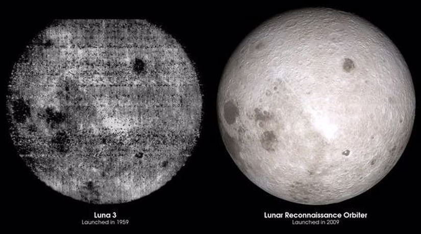50 yıl sonra LRO verileri sayesinde insanlığın Ay'ın uzak yüzüne ilk bakışı ile aynı görünümün karşılaştırılması.