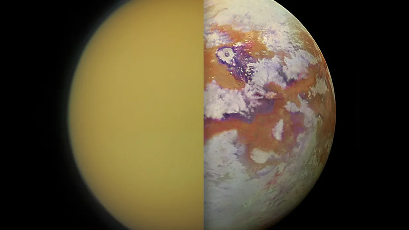 Sol tarafta Cassini aracı Titan'a ulaşmadan önce teleskoplarımızdan nasıl gördüğümüzü görüyoruz. Sağ tarafta ise yakın çekimde gördüğümüz...