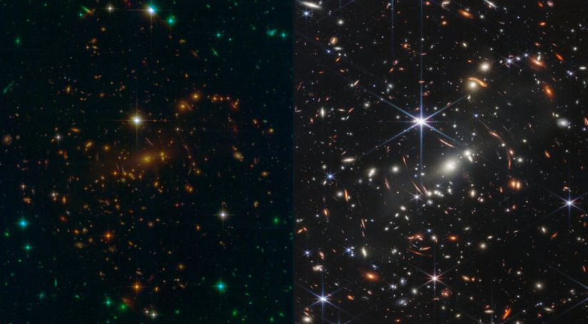 Aynı uzay sektörünün Hubble fotoğrafı (solda) ve James Webb fotoğrafı (sağda)