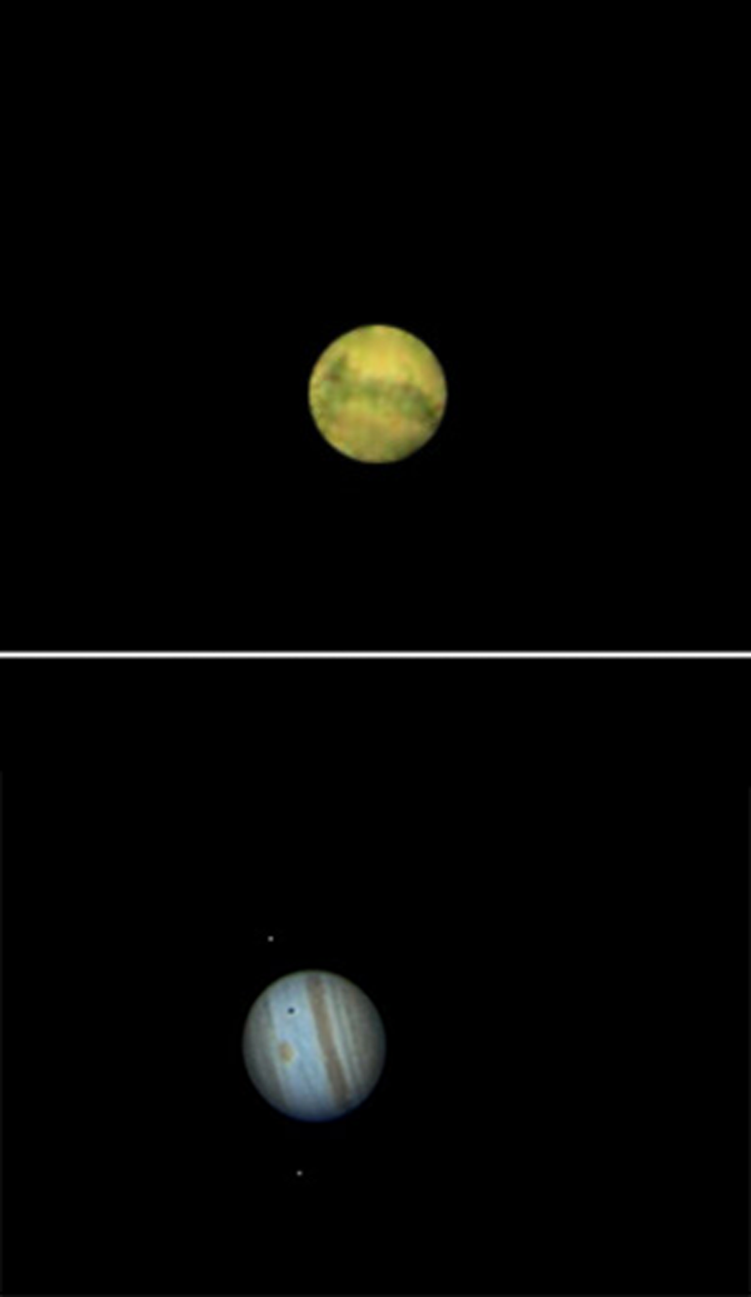 90 milimetrelik apertüre sahip bir teleskop ile Mars (üstte). 130 milimetrelik apertür ile Jüpiter (aşağıda) ve uyduları Io (alt fotoğrafın üst kısmındaki ufak nokta), Io'nun Jüpiter üzerine düşen gölgesi ve Ganimede (alt fotoğrafın alt kısmındaki nokta).