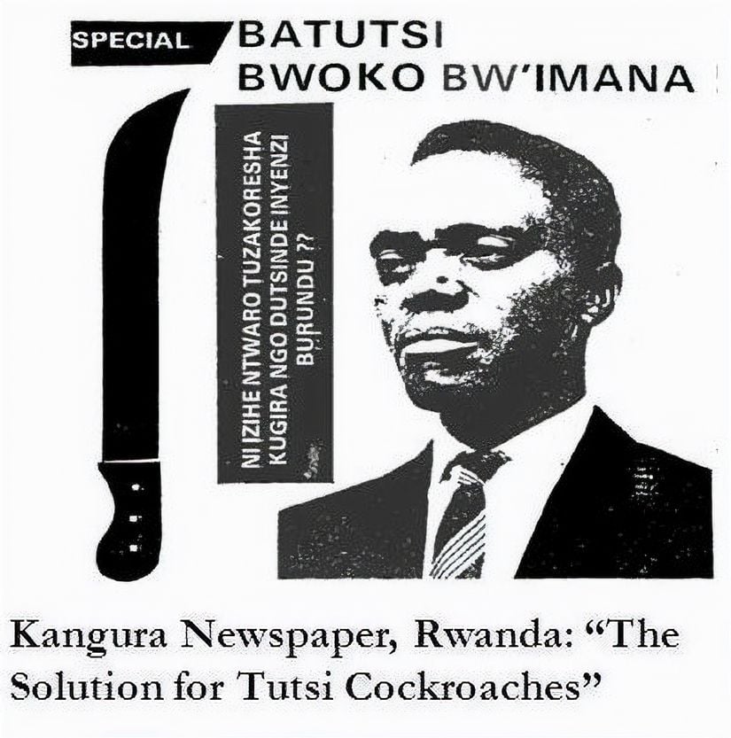 Kangura Gazetesinin 1991 yılı kapağı, Rwanda:  Tutsi hamamböcekleri için çözüm.