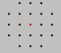 Yatay ve dikey uzunlukları eşit olan aşağıdaki görselde, kırmızı nokta bir köşesi olmak koşuluyla kaç farklı üçgen çizilebilir?
