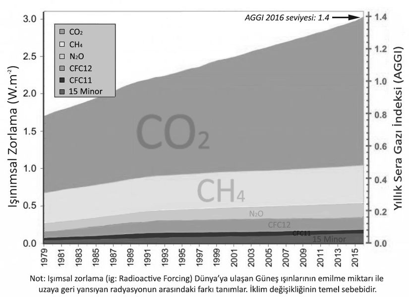 Görsel 3: Sera gazlarının “battaniye etkisi” miktarı. CO2’in atmosferi ısıtıcı etkisinin yıldan yıla artışına dikkat ediniz