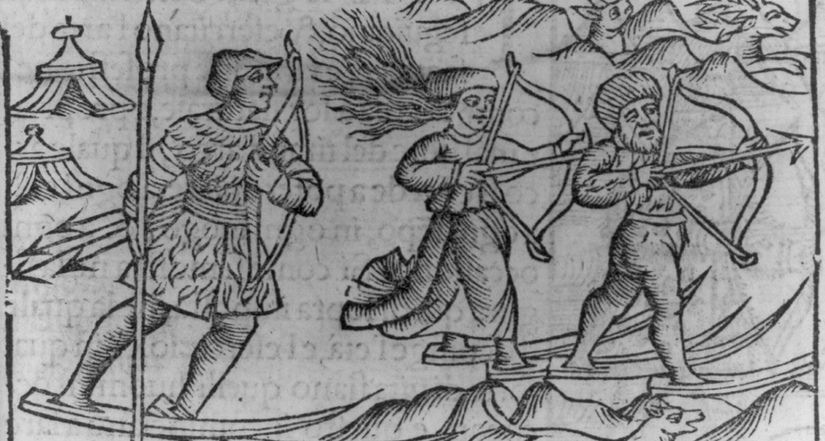 1565 tarihli bir avlanan kadın tasviri. Uzun inanışların aksine kadınlar da avlanmada daimi bir rol oynamıştır.