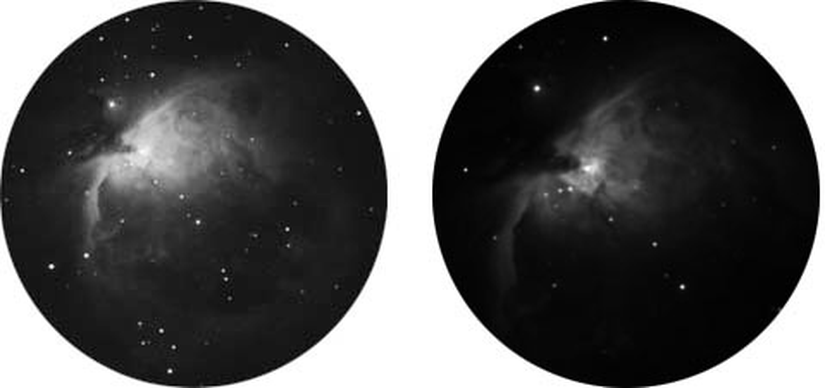 İki farklı açıklığa sahip teleskoptan görülen Orion Bulutsusu. Sol taraftakinin mercek/ayna büyüklüğü daha fazla olduğundan daha çok ışık toplayabiliyor. Böylelikle görünmeyen detaylar görünüyor.