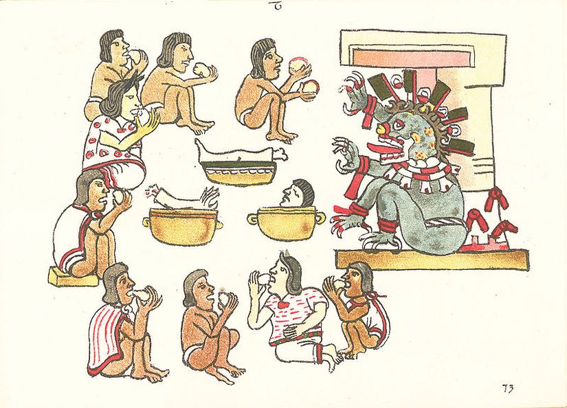 Codex Magliabechiano'nun folyosunda uygulanan ritüelistik Aztek yamyamlığını gösteren bir manzara .